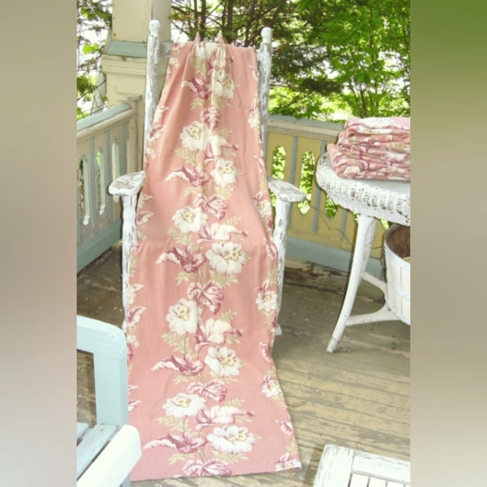 SOLD Vintage Nubby Pink Barkcloth Tropical Florals Curtain Fabric Panel 84 x 22